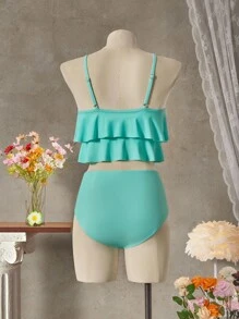 SHEIN Swim With Ruffle Trim Beach Tankini Set Outfit For Women, For Summer Vacation - Mint Green - View 2