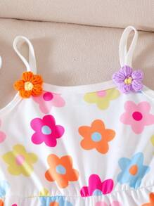 SHEIN 女童（小）白色时尚可爱卡通多色花卉印花吊带连体裤，舒适春夏