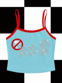 Studio Chunk Women's Y2K Letter Pattern Trim Fitted Camisole, Summer Y2k Tank Tops Summer Tops Going Out Tops - Blue - View 3