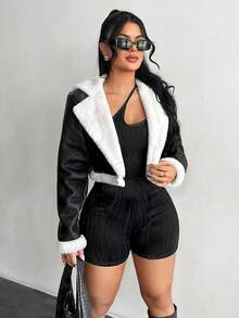 SHEIN SXY Women's Autumn/Winter New Arrival Faux Fur Collar Long Coat, Midi Length , Black And White Coat Faux Fur Coat Black And White Winter Coat,Winter Clothes For Women, Going Out Tops For Women - Black - View 4