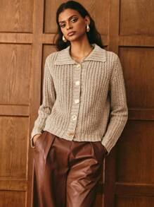Poéselle Cárdigan de mujer con botones metálicos de color marrón claro cálido, cárdigan de punto con botones básico de unicolor casual y sencillo para ir al trabajo, estilo campestre bohemio occidental para otoño, invierno y vuelta al colegio - Caqui - Ver 4