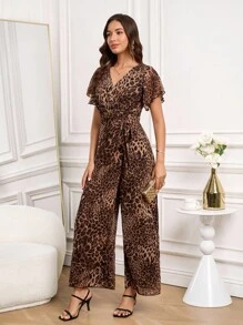 Ellevyn 女式豹纹性感长款连体衣，优雅雪纺豹纹透明连体裤 - 咖啡棕 - 查看 3