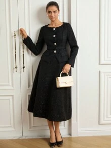 Aveloria Rosie 2 件套法式优雅衬衫和高腰 A 字长裙套装，修身黑色晚礼服 - 黑色 - 查看 7