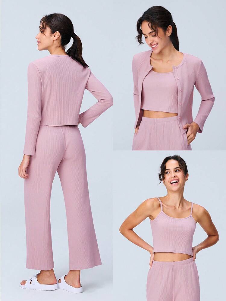 ソフトコットン3点セット ウィメンズラウンジウェア ミスティーフォレストスタイル ピンク ソフトリブ編み クロップドカミソール&カーディガン カジュアルトップス&パンツ インナーウェアとしても着用可能 ポケット付きパンツ ホームウェア ブライダルインナー ティーンガール、若者、子供のパジャマにも適しています 秋冬服