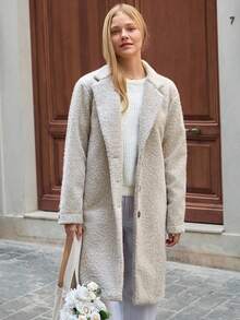 EURMUSE Women's Solid Soft Wool Button Front Elegant Coat - Beige - View 4