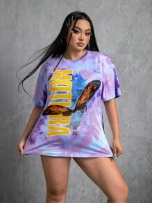 GODZILLAxKONG X SHEIN 大码字母与蝴蝶图案圆领短袖T恤 - 紫色 - 查看 4