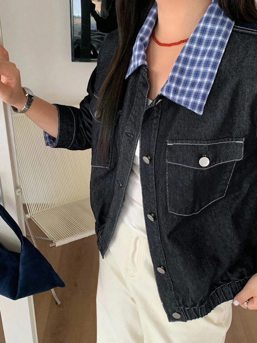 Dazy Plus Dark Washed Blue Contrast Plaid Collar Loose Pocket Denim Jacket, Spring/Autumn - Dark Wash - View 1