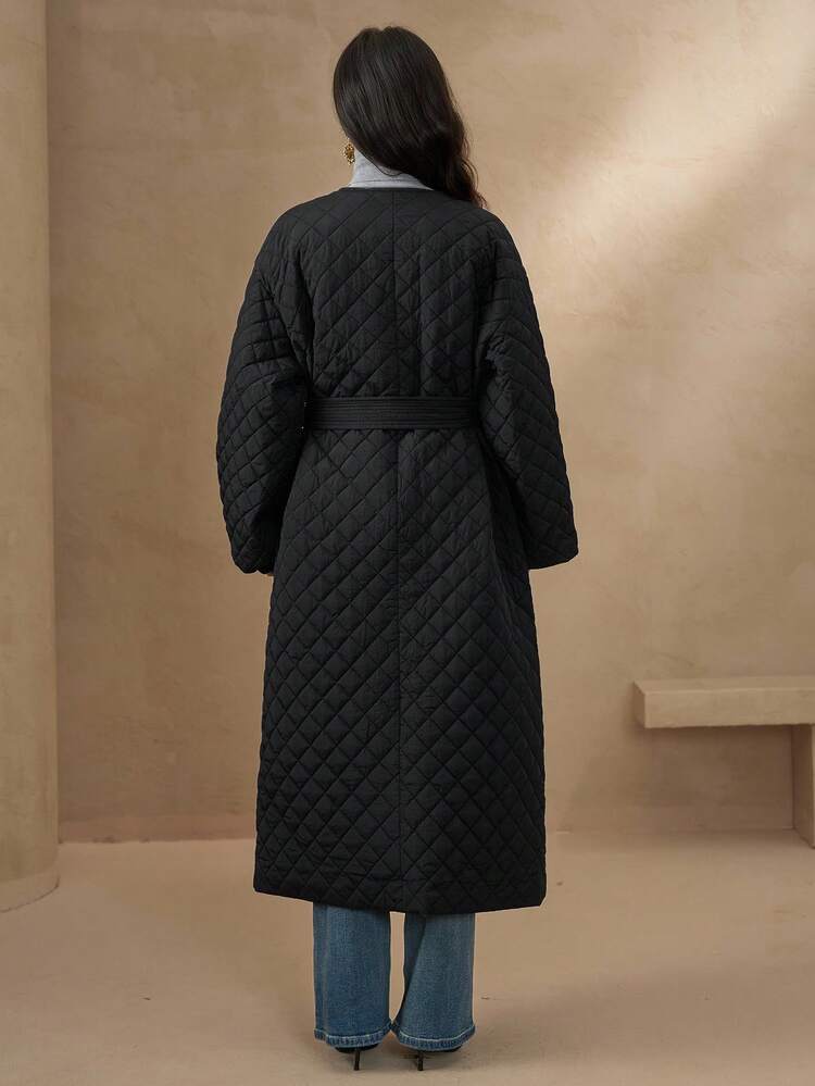 Niche Design French Style Loose Mid-Length Lantern Sleeve Diamond Quilted Padded Coat For Women Winter