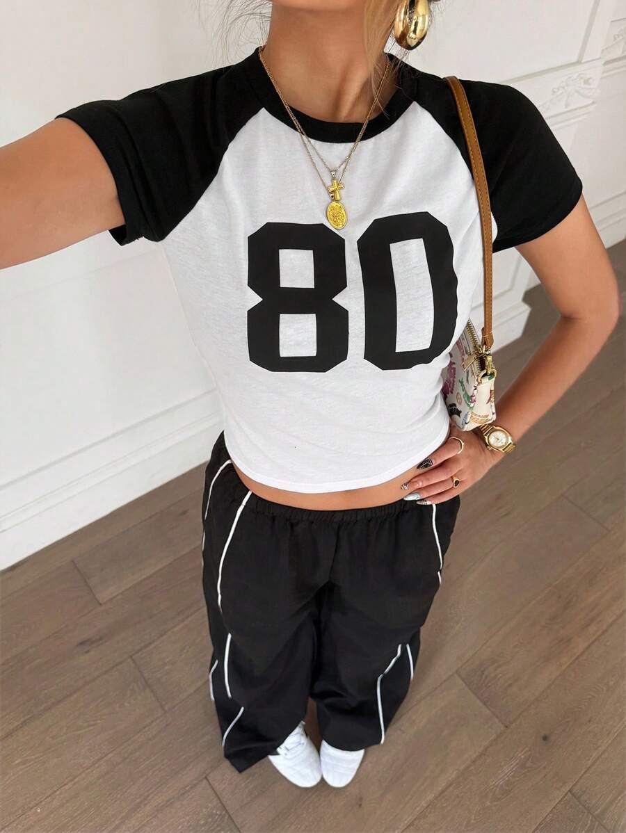 SHEIN Teen Girl Casual Comfortable Round Neck Patchwork Contrast Color T-Shirt And Pants Set