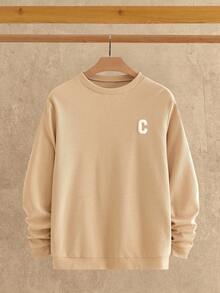 Manfinity VCAY Felpa girocollo casual da uomo con grafica a lettera, adatta per uso quotidiano. Felpa girocollo da uomo beige, felpa a nido d'ape, felpa color crema, per autunno e inverno - Cachi - Visualizzare 1