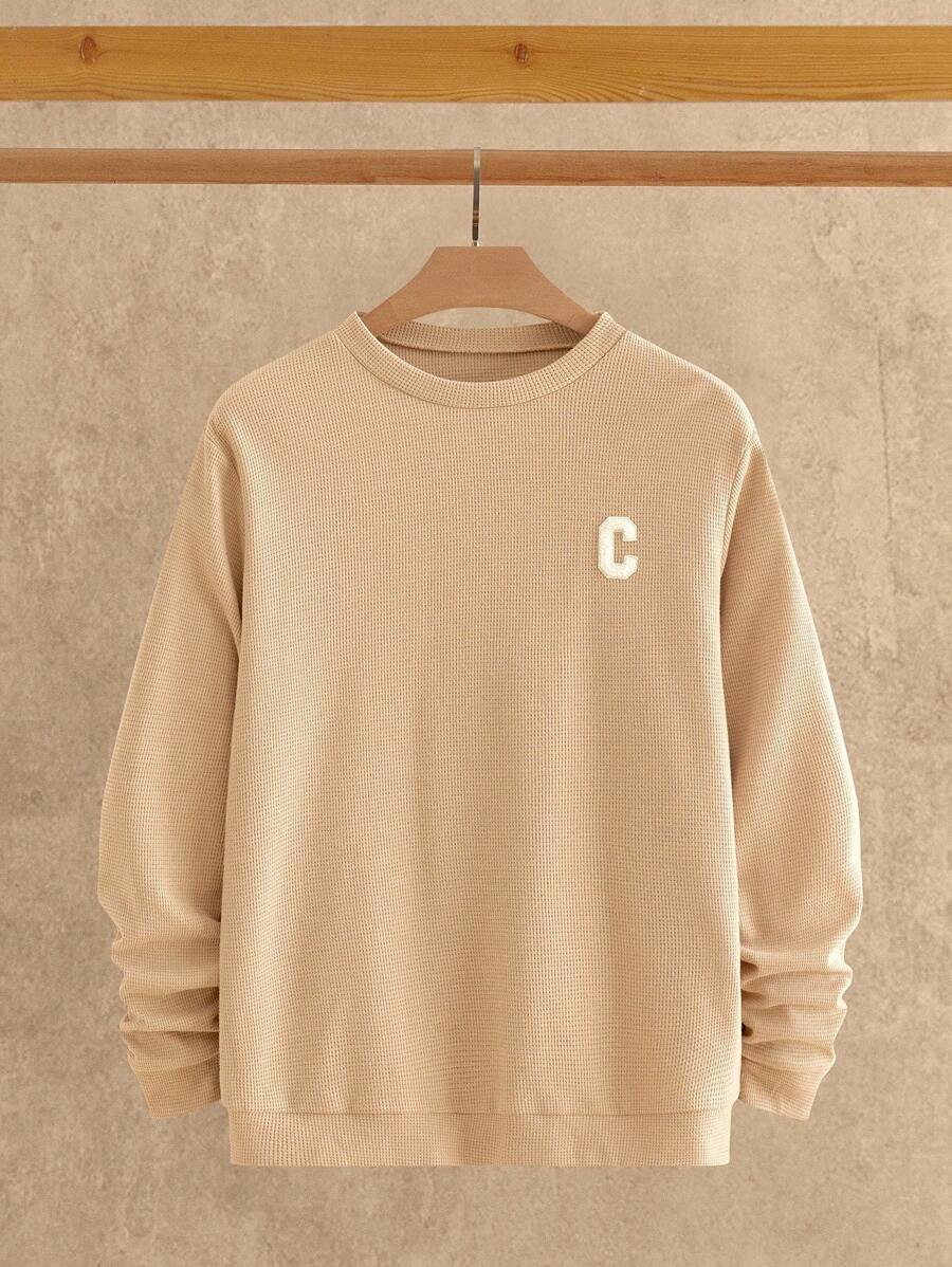Manfinity VCAY Felpa girocollo casual da uomo con grafica a lettera, adatta per uso quotidiano. Felpa girocollo da uomo beige, felpa a nido d'ape, felpa color crema, per autunno e inverno - Cachi - Visualizzare 1