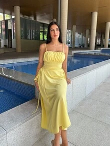 Lucia Bellido Solid Ruched Bust Lace Up Side Formal Cami Long Dress,Pastel Dresses For Women - Yellow - View 5