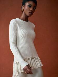 Zivah The 2025 New Autumn, Autumn And Winter Casual, Simple, Street, Daily, Date, Birthday, Party, Travel Season, Warm, Elegant, Commuting, Office Worker, Internet Celebrity Hit, Round Neck, Wide Shoulder, Long Sleeve, Fringed Hem, Decorated Back, Cross Backless, Crappy, Ribbed Pullover, Sweater, Women's Knitted Top -A