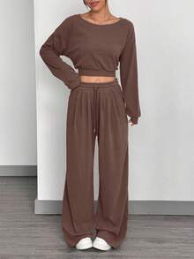 SHEIN EZwear 女士咖啡色斜肩上衣和裤子休闲套装 - 咖啡棕 - 查看 6