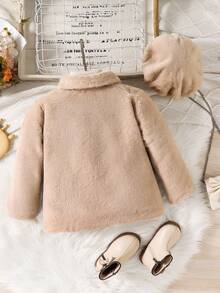 SHEIN 女童秋冬外套，时尚可爱百搭优雅蝴蝶结领蓬松连帽贝雷帽 - 卡其色 - 查看 7