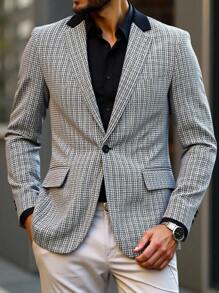 Manfinity Bizformal Áo khoác nam cổ ve kẻ caro tay dài cài một hàng khuy thường ngày Áo khoác nam Áo khoác nam Áo khoác nam thời trang nam - Đen và trắng - Xem 1