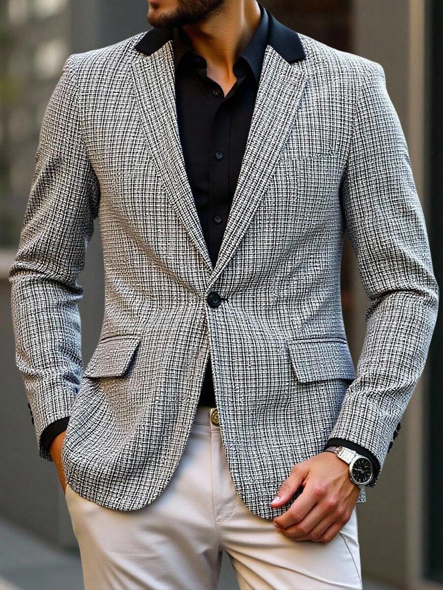 Manfinity Bizformal Áo khoác nam cổ ve kẻ caro tay dài cài một hàng khuy thường ngày Áo khoác nam Áo khoác nam Áo khoác nam thời trang nam - Đen và trắng - Xem 1