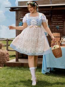 SHEIN Frenchy Váy truyền thống lãng mạn màu xanh cỡ lớn dành cho nữ, phù hợp cho lễ hội Oktoberfest, chợ nhà thờ, lễ hội dân gian, trang phục Dirndl - Màu xanh lam - Xem 5