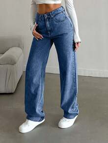 EURMUSE Snow Wash Straight Leg Jeans High Rise ,Petite Women - Teal Blue - View 4