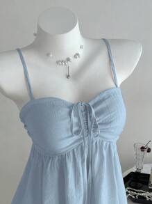 Franclia Áo hai dây nữ dễ thương màu trơn vải xếp ly hồng, áo mùa hè màu xanh dương, áo màu xanh baby, áo nữ màu xanh nhạt, áo babydoll nữ, áo mùa hè nữ - Màu xanh bụi bặm - Xem 5