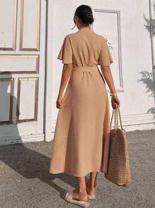 EURMUSE Ruffle Sleeve Crew-Neck Buttoned Maxi Dress With Shell Belt - Rust Brown - View 3