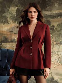 Anewsta 都市时尚优雅翻领长袖廓形女式西装外套 - 紅木色 - 查看 4