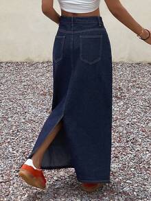 Livesso 女士高腰修身牛仔迷你裙，夏季 - 藍色 - 查看 2