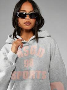 MISSGUIDED 大学风格 MSGD 运动图案套头连帽衫，带中央口袋，超大版型长袖休闲街头运动休闲运动衫，学院风