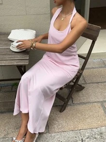 SHEIN EZwear 2pcs Women Summer Vacation Casual Solid Color Backless Halter Neck Top & Skirt Set