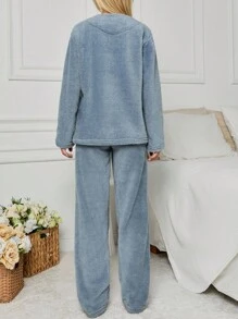 RueChic 2Pcs Pelush Panda Embroidery Detail PJ Set - Blue - View 2