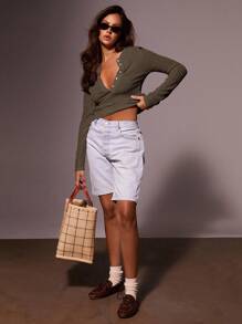 Athîral 女式纯色纽扣开襟长袖休闲衬衫 - 咖啡棕 - 查看 2