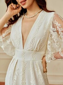 Penseblé 女款白色花卉夏季優雅婚禮賓客蕾絲V領短袖披肩高腰寬腿連身褲，適用於節日、返校 - 杏色 - 查看 1