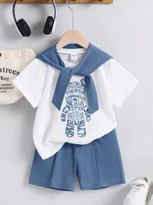 Buy Two Get One 3pcs/Set Young Boy Three Piece Set, Comfortable And Versatile For Daily Use, Loose Fit, Japanese And Korean Style, Simple And Fashionable Round Neck Short Sleeved Cute Teddy Bear Pattern Knitted Top T-Shirt, Shawl And Shorts. Multi Piece Set, Suitable For Spring And Summer Seasons, Daily Life, Sports, Campus, Gatherings, Festivals, Performances, Photography, Back To School Season - Dusty Blue - View 3