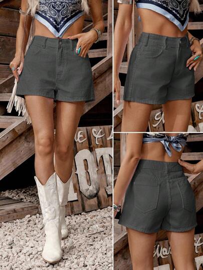 LanaWest Quần short denim túi xéo đơn giản màu trơn dành cho nữ, mùa hè