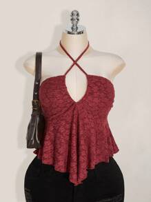 SHEIN ICON Áo dệt kim cổ yếm màu đỏ tía dành cho nữ cỡ lớn, có bèo nhún ở gấu áo, thích hợp mặc thường ngày. - Màu Đỏ Sâu - Xem 4