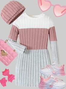 Elladie kids Young Girl Soft Round Neck Long Sleeve Patchwork Long Dress With Cap In Autumn - Multicolor - View 1