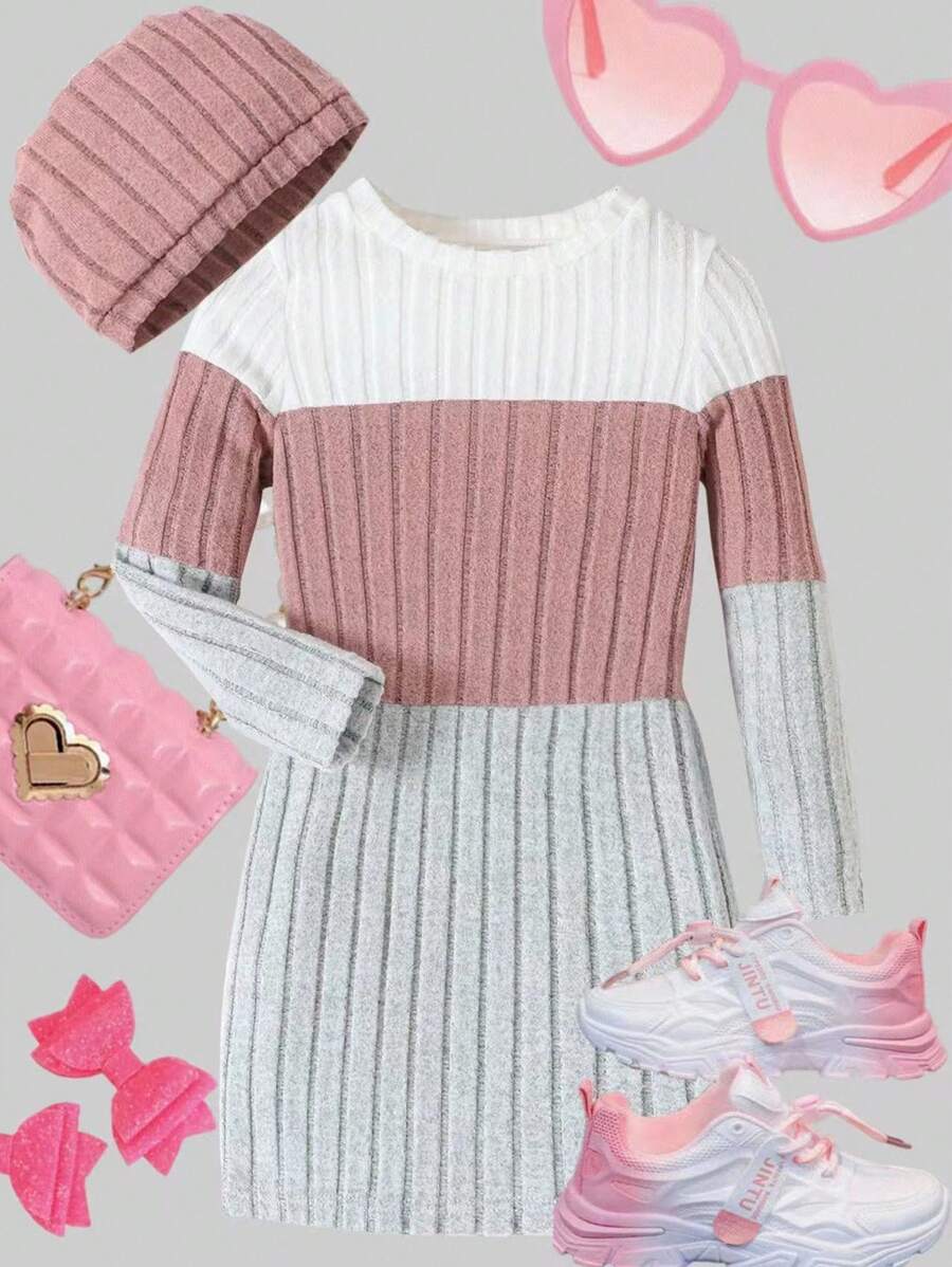 Elladie kids Young Girl Soft Round Neck Long Sleeve Patchwork Long Dress With Cap In Autumn - Multicolor - View 1