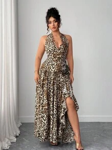 Elenzga Robe maxi élégante et romantique pour tous les jours et les fêtes, grande taille, ras-du-cou, col ras-du-cou Top de gamme, imprimé léopard, volants, col V profond, décor floral, fendu, ample - Multicolore - Voir 3