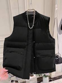 EMERY ROSE Women's Round Neck Big Pocket Padded Vest Jacket - Black - View 3