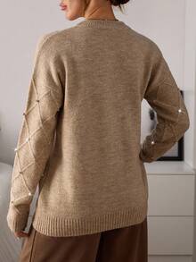 EURMUSE Women Solid Color Brushed Yarn Rhinestone Detailed Pocket Round Neck Drop Shoulder Pullover Women's Brown Sweater Fall Sweater Knit Sweater Embellished Sweater Pullover Sweater,Jumper,Cream Jumper,Jumpers,Christmas Jumper,White Jumper,Black Jumper,Ladies Jumper,Women's Jumpers - Light Grey - View 2