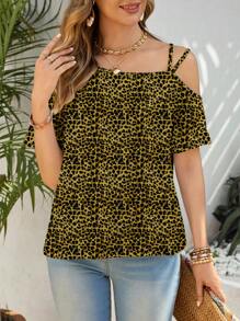 Glamance BiGraphic Women's Asymmetric Collar Allover Print Short Sleeve Casual T-Shirt, Summer Leopard Print Tops Cold Shoulder Tops For Women Cute Blouses For Women Off The Shoulder Top - White - View 4