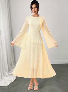 Modelyn Vestido elegante de chiffon com manga flare assimétrica e babados na bainha - Amarelo - Ver 4