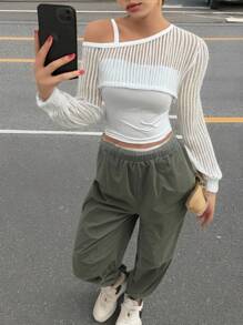 SHEIN Girlism Tween Girl Casual Streetwear White Asymmetric Shoulder Mesh Knit Jacquard Long Sleeve Cover Up, Fitted Knit Camisole, And Olive Green Pleated Wide Leg Cargo Pants 3-Piece Back To School Outfit Full Outfit Set Girl Outfit Set Pants And Top Set Clean Girl Outfit Teen Girl Outfits - White - View 3