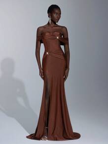 Elitara Elegante, romántico, sexy, vestido minimalista de tela elástica de punto color café con hombros descubiertos, decoración de hebilla metálica, abertura frontal, silueta ceñida, bajo de cola de pez y cola, ideal para fiestas, vacaciones, cumpleaños, bodas y eventos formales - Caqui - Ver 8