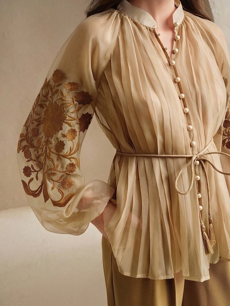 Women's Pleated Embroidered Tie-Waist Shirt, Elegant And Versatile For Work And Casual Wear