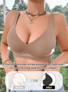 SHEIN 女士无缝无钢圈文胸，果冻柔软支撑简约性感镂空网眼休闲舒适罩杯文胸，单件 - 摩卡棕 - 查看 1