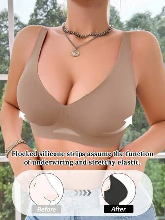 SHEIN 女士无缝无钢圈文胸，果冻柔软支撑简约性感镂空网眼休闲舒适罩杯文胸，单件