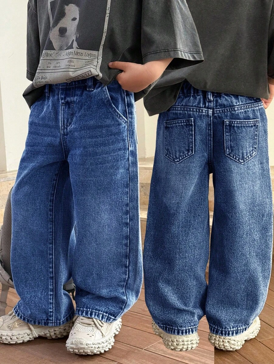 SHEIN 小男孩秋冬时尚石洗休闲宽腿宽松蓝色牛仔裤，适合返校服装和街头服饰