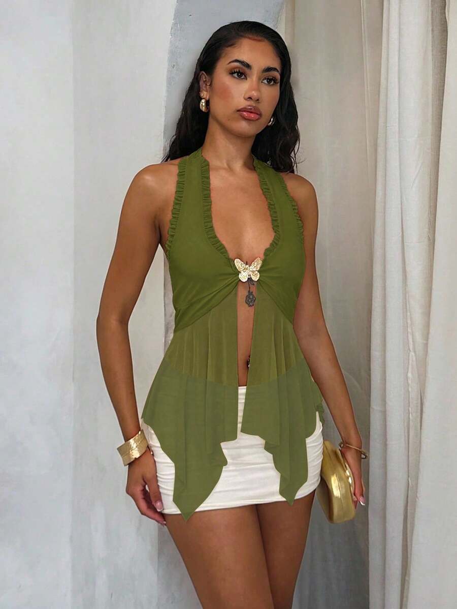 Glamine Vacay Vibes 花卉沙滩清凉单品 女士时尚度假风露背系带荷叶边不对称下摆胸前金属蝴蝶装饰网纱背心，杏色 - 橄欖綠 - 查看 1