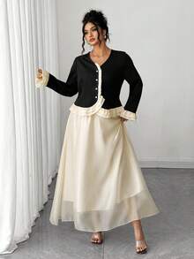 Elenzga Plus Size Women's Elegant French Style Black Patchwork Ruffle Flare Sleeve Button Blouse And Contrasting Color Mesh A-Line Maxi Skirt Two Pieces Set, Autumn/Winter Fall Cloth For Women